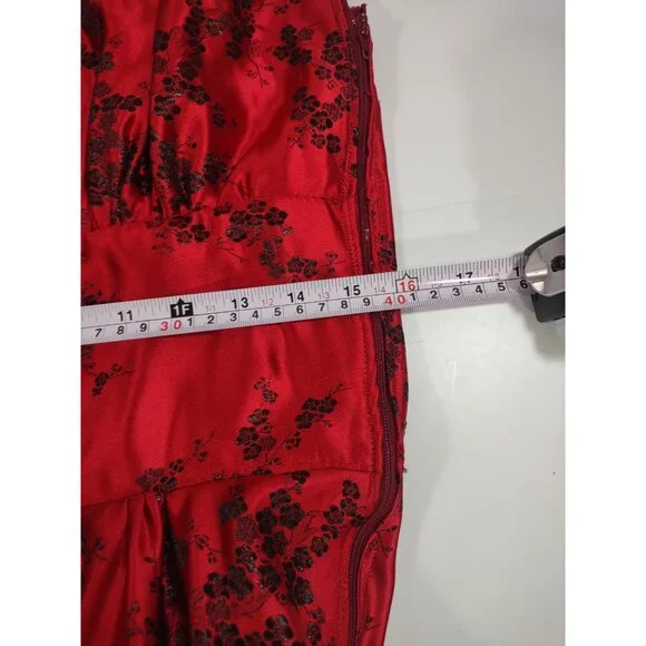 Y2K Red Halter Midi Oriental Asian Satin Feminine Prom Floral Jacquard Dress - L - Picture 10 of 11